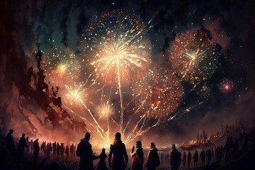 Fototapeta na wymiar Crowd of people dancing in fireworks. Crated using generative AI.