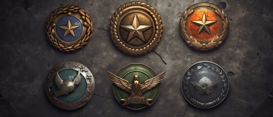 Military game ranking badge set with star insignia. Generative AI - obrazy, fototapety, plakaty