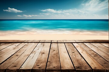 Wooden planks are empty with a beach and sea in the background. AI