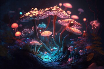 In the fairy forest at night, there are glowing flowers, mushrooms, and lights creating a fantastical atmosphere. AI