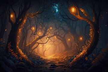 A magical forest at night, where orange-brown trees and enchanted lights adorn the landscape. AI