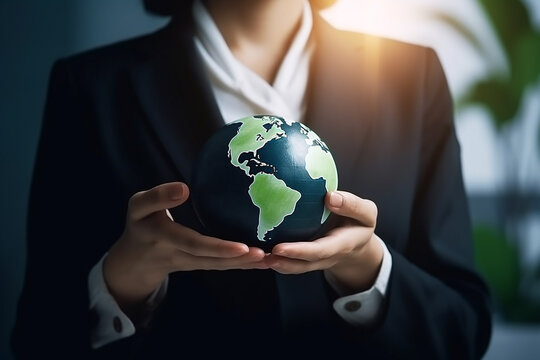 Empresárias segurando o mundo e o ícone para o meio ambiente de desenvolvimento sustentável da organização. empresa responsavel ambiental