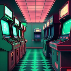 A room brimming with arcade machines from the 80s and 90s. AI