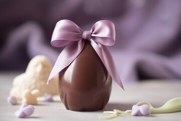 ovo de páscoa com orelhas de coelho de chocolate com laço lilás no fundo desfocado