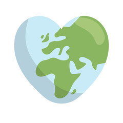 Heart shaped planet earth icon. Save the world. Eco friendly environmental message. Love. Map centered in Africa and Europe.