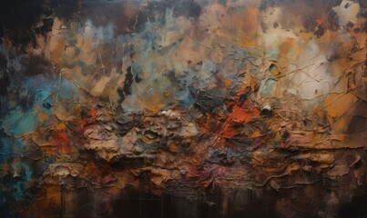  an abstract painting with a lot of different colors and shapes on it's surface, with a black background and a brown, orange, blue, yellow, red, green, and white, and black area.  generative ai