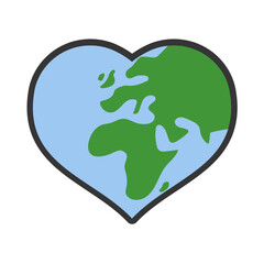 Heart shaped planet earth icon. Save the world. Eco friendly environmental message. Love. Map centered in Africa and Europe.