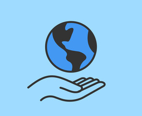 Hand holding planet earth. World environment conservation linear icon. Human protect nature. Save the planet.