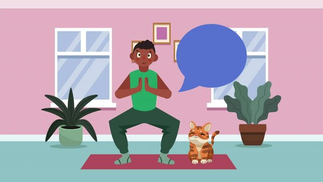 man practicing yoga in the house animation