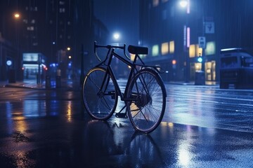 Fototapeta na wymiar a bicycle parked on a street corner in the rain at night. generative ai