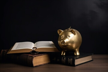 cofrinho de ouro e livro. Conceito de economia de taxas universitárias, copie o espaço para texto