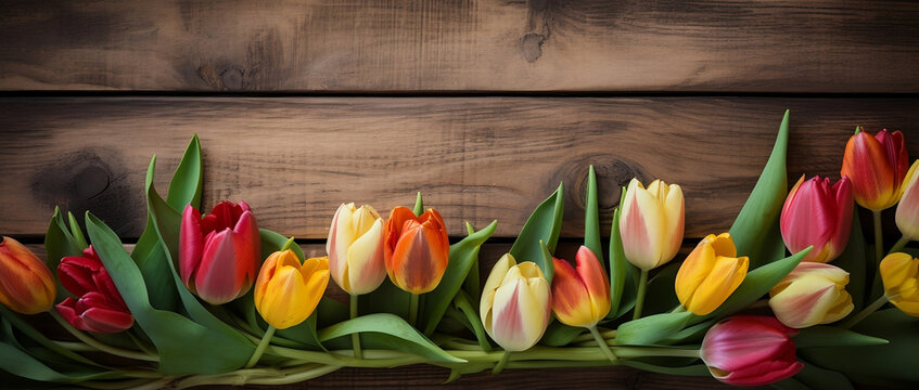 Tulips banner on a wood texture, background, spring
