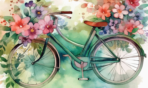 Bicycle flowers neon color white watercolor background