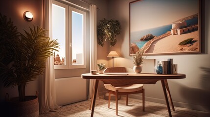 Fototapeta premium Scenic Online webinar virtual meeting interior home office computer desk room background for teams video call backdrop. 