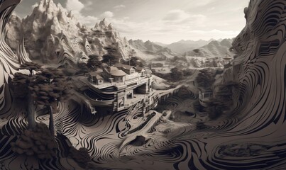  a digital painting of a mountain landscape with a house in the middle of the picture and trees in the middle of the picture and mountains in the background.  generative ai