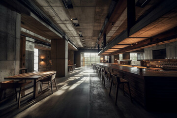 Minimalist fancy restaurant and bar. RUSTIC style. Centered perspective. Interior Design