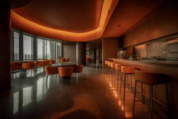 Minimalist fancy restaurant and bar. Dark orange color palette. Centered perspective. Interior Design