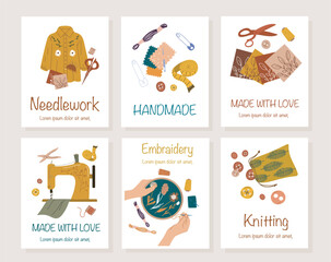 Sewing banners set. Collection of posters for website with embroidery and dress. Fabric, thread and needle. Seamstress and atelier tools. Cartoon flat vector illustrations isolated on beige background