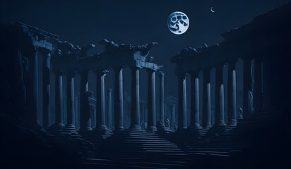 Wallpaper einer griechischen Ruine in der Nacht bei Vollmond