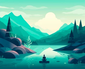 Türaufkleber Grüne Koralle yoga on the lake illustration. High quality illustration