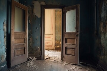 Obraz na płótnie Canvas Rickety dirty doors in dusty room of abandoned house. Generative AI