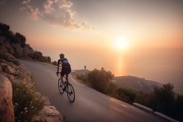 Fototapeta na wymiar Homem adulto em uma bicicleta de corrida subindo a colina na estrada costeira da paisagem do mar mediterrâneo