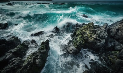  a rocky shore covered in lots of green and white water next to a rocky shore covered in lots of green and white water next to a large body of water.  generative ai