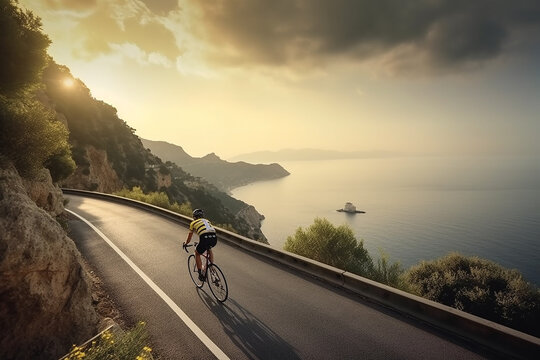 Homem adulto em uma bicicleta de corrida subindo a colina na estrada costeira da paisagem do mar mediterr&acirc;neo