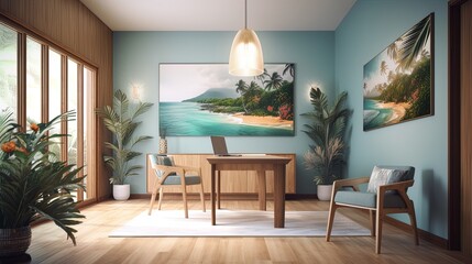 Scenic Online ocean room webinar Zoom meeting home office tropical background. Created using Generative AI.