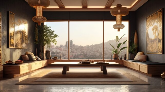 Scenic Online room webinar Zoom meeting home office background. Created using Generative AI.
