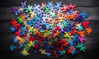  a pile of multicolored puzzle pieces on a wooden table with one missing the middle of the puzzle piece and one missing the second missing.  generative ai