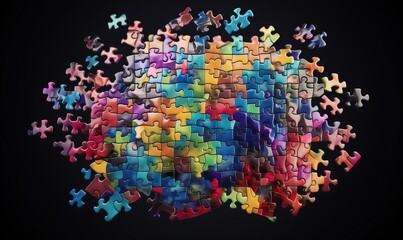  a large group of multicolored puzzle pieces arranged in the shape of a brain on a black background with space for text or image.  generative ai