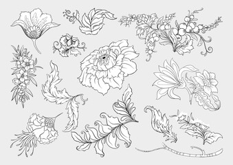 Fantasy flowers in art nouveau style, vintage, old, retro style. Clip art, set of elements for design. Vector illustration.