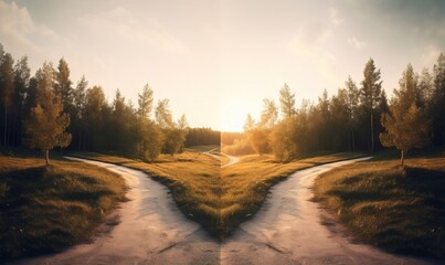  a split photo of a road in the middle of a field with trees on both sides of the road and the sun in the distance.  generative ai