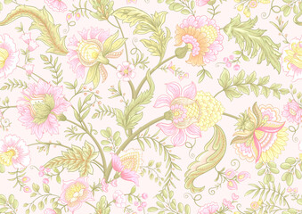 Fantasy flowers in retro, vintage, jacobean embroidery style. Seamless pattern, background. Vector illustration.