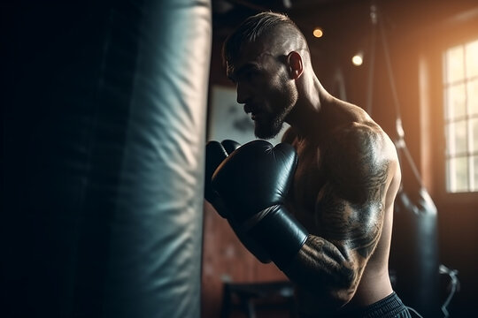 Esportes, boxe e homem com saco de pancadas na academia para treinamento, exerc&iacute;cio ou treino. Boxeador, atleta de fitness e soco de lutador s&eacute;rio para luta, competi&ccedil;&atilde;o ou pr&aacute;tica, sa&uacute;de ou bem-estar 