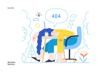 Memphis business illustration. Error 404 -modern flat vector concept illustration of page Error 404 - hopeless woman at the desk. Page not found metaphor. Corporate business sales concept