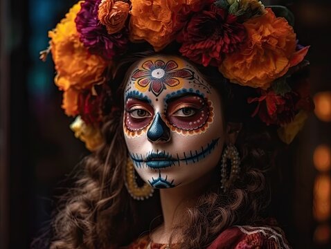 Dia de los muertos, Mexican holiday of the dead and halloween. Woman with sugar skull make up and flowers. generative AI