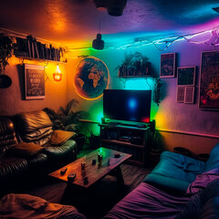 cozy basement lounge with board games, TV and neon lights. High quality illustration