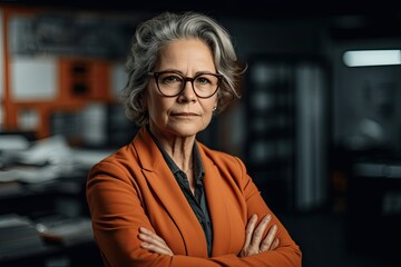 Senior businesswoman woman posing at her work place . Generative AI	