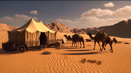 Art of a caravan traveling across a desert landscape with camels, tents, and supplies