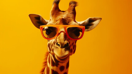 giraffe with sunglasses on yellow background generative AI