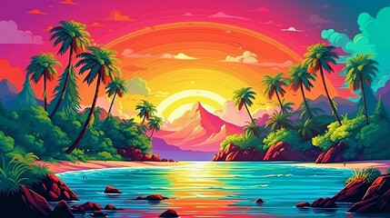 tropical island with rainbow and unspoilt beach generative AI