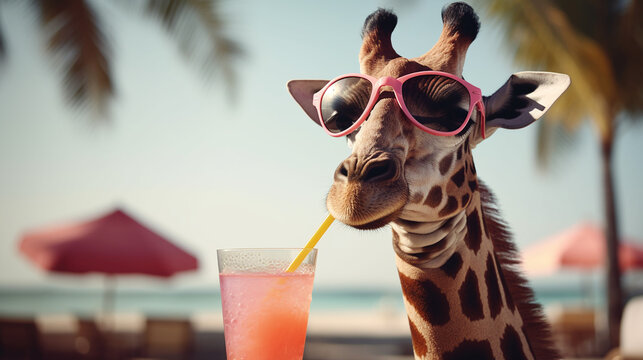 giraffe with sunglasses on the beach generative AI