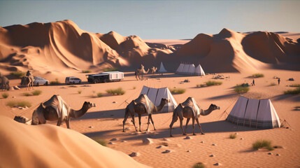 Fototapeta na wymiar Simulation of a caravan traveling across a desert landscape with camels, tents, and supplies
