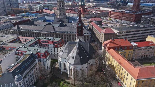 Drone shot of Parochialkirche ( parochial church ) in the Klosterviertel neighbourhood of the Mitte borough in Berlin , Germany