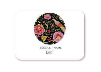 Fantasy flowers and pheasant bird in retro, vintage, chinese silk on velvet embroidery style. Template for plastic debit or credit, pass, discount, membership card. Vector illustration.