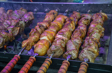 Tender and juicy meat skewers cooked over a charcoal grill. Delicious barbecue or shish kebab