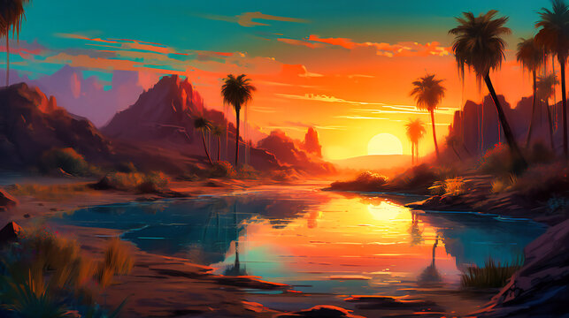 A vivid digital painting of a desert oasis, with palm trees, a shimmering pool of water, and a colorful sunset
