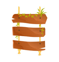 Wooden sign in jungle style. Staircase and empty boards, space for text. Interface for programs and apps, graphic element for site. Template, layout and mock up. Cartoon flat vector illustration